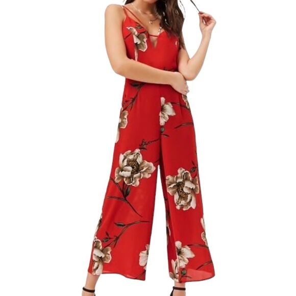 Forever 21 Magnolia Print Red Strappy Wide Leg Jumpsuit Size Medium - Picture 13 of 14